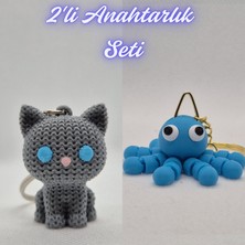 3D Atölye Maker  Gümüş Örgü Desenli Kedi ve Açık Mavi Şaşkın Ahtapot Anahtarlık