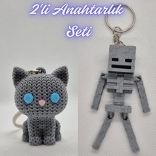 3D Atölye Maker  Gümüş Örgü Desenli Kedi ve Gümüş MineCraft Skeleton Anahtarlık