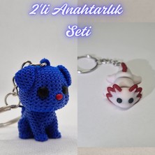 3D Atölye Maker  Mavi Örgü Desenli Köpek ve Açık Pembe Esnek Axolot Anahtarlık