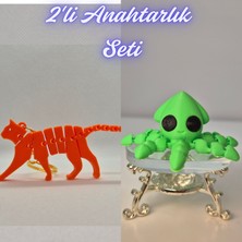 3D Atölye Maker  Turuncu Esnek Kedi ve Açık Yeşil Kalamar Anahtarlık