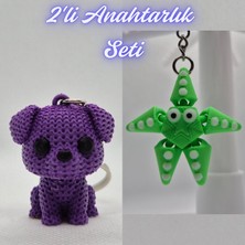 3D Atölye Maker Mor Örgü Desenli Köpek ve Yeşil Hareketli Deniz Yıldızı Anahtarlık