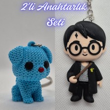 3D Atölye Maker  Açık Mavi Örgü Desenli Köpek ve Harry Potter Anahatarlık Anahtarlık
