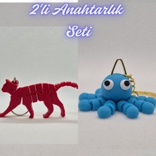 3D Atölye Maker  Kırmızı Esnek Kedi ve Açık Mavi Şaşkın Ahtapot Anahtarlık