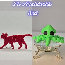 3D Atölye Maker  Kırmızı Esnek Kedi ve Açık Yeşil Kalamar Anahtarlık