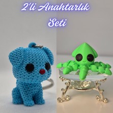3D Atölye Maker  Açık Mavi Örgü Desenli Köpek ve Açık Yeşil Kalamar Anahtarlık