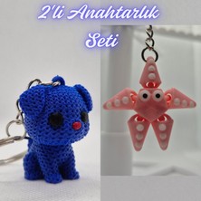 3D Atölye Maker  Mavi Örgü Desenli Köpek ve Pembe Hareketli Deniz Yıldızı Anahtarlık