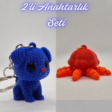 3D Atölye Maker  Mavi Örgü Desenli Köpek ve Turuncu Hareketli Deniz Anası Anahtarlık