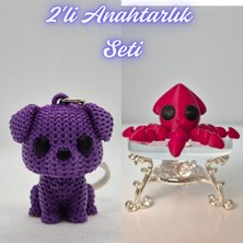 3D Atölye Maker  Mor Örgü Desenli Köpek ve Kırmızı Kalamar Anahtarlık