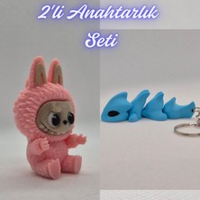 3D Atölye Maker  Açık Pembe Labubu ve Açık Mavi Esnek Ejder Anahtarlık