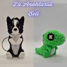 3D Atölye Maker  Siyah Border Esnek Köpek ve Yeşil Örgü Desen Hareketli Dino Anahtarlık