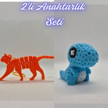 3D Atölye Maker  Turuncu Esnek Kedi ve Açık Mavi Örgü Desen Hareketli Dino Anahtarlık