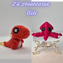 3D Atölye Maker Kırmızı Örgü Desen Hareketli Dino ve Itfaiye Kırmızısı Kalamar Anahtarlık