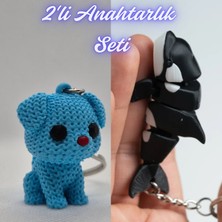 3D Atölye Maker  Açık Mavi Örgü Desenli Köpek ve Siyah Esnek Balina Anahtarlık