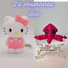 3D Atölye Maker  Beyaz Hello Kitty ve Kırmızı Kalamar Anahtarlık