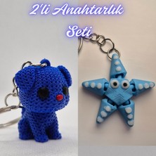 3D Atölye Maker Mavi Örgü Desenli Köpek ve Açık Mavi Hareketli Deniz Yıldızı Anahtarlık
