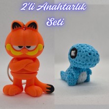 3D Atölye Maker  Garfield ve Açık Mavi Örgü Desen Hareketli Dino Anahtarlık