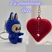 3D Atölye Maker  Mavi Labubu ve Kırmızı Hareketli Kalp Anahtarlık