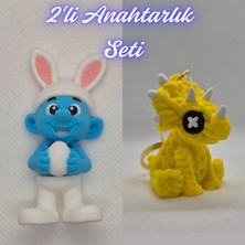 3D Atölye Maker  Şirinler ve Sarı Örgü Desen Triceratops Anahtarlık