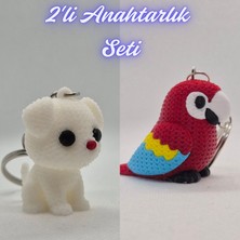 3D Atölye Maker  Beyaz Örgü Desenli Köpek ve Kırmızı Örgü Desen Papağan Anahtarlık