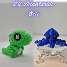 3D Atölye Maker Yeşil Örgü Desen Hareketli Dino ve Mavi Kalamar Anahtarlık