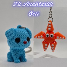 3D Atölye Maker  Açık Mavi Örgü Desenli Köpek ve Turuncu Hareketli Deniz Yıldızı Anahtarlık