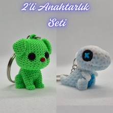 3D Atölye Maker Açık Yeşil Örgü Desenli Köpek ve Beyaz Örgü Desen Hareketli Dino Anahtarlık