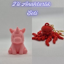 3D Atölye Maker  Açık Pembe Unicorn ve Pembe Ahtapot  Anahtarlık