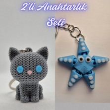 3D Atölye Maker  Gümüş Örgü Desenli Kedi ve Açık Mavi Hareketli Deniz Yıldızı Anahtarlık