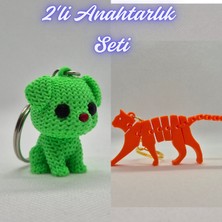 3D Atölye Maker  Açık Yeşil Örgü Desenli Köpek ve Turuncu Esnek Kedi Anahtarlık