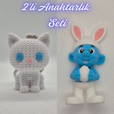 3D Atölye Maker  Beyaz Örgü Desenli Kedi ve Şirinler Anahtarlık