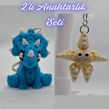 3D Atölye Maker  Açık Mavi Örgü Desen Triceratops ve Açık Sarı Hareketli Deniz Yıldızı Anahtarlık