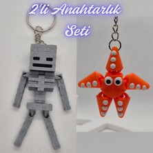 3D Atölye Maker  Gümüş MineCraft Skeleton ve Turuncu Hareketli Deniz Yıldızı Anahtarlık