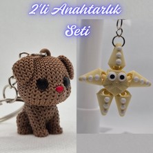 3D Atölye Maker  Koyu Kahverengi Örgü Desenli Köpek ve Açık Sarı Hareketli Deniz Yıldızı Anahtarlık