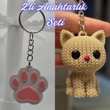 3D Atölye Maker  Açık Pembe Kedi Patisi ve Krem Örgü Desenli Kedi Anahtarlık