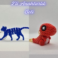 3D Atölye Maker  Mavi Esnek Kedi ve Kırmızı Örgü Desen Hareketli Dino Anahtarlık