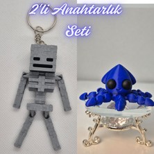 3D Atölye Maker  Gümüş MineCraft Skeleton ve Mavi Kalamar Anahtarlık
