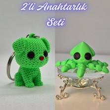 3D Atölye Maker  Açık Yeşil Örgü Desenli Köpek ve Açık Yeşil Kalamar Anahtarlık
