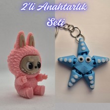3D Atölye Maker  Açık Pembe Labubu ve Açık Mavi Hareketli Deniz Yıldızı Anahtarlık