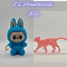 3D Atölye Maker  Açık Mavi Labubu ve Açık Pembe Esnek Kedi Anahtarlık