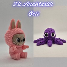 3D Atölye Maker  Açık Pembe Labubu ve Mor Örgü Desen Ahtapot Anahtarlık