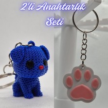 3D Atölye Maker  Mavi Örgü Desenli Köpek ve Açık Pembe Kedi Patisi Anahtarlık