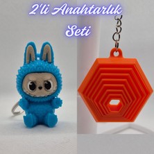 3D Atölye Maker  Açık Mavi Labubu ve Turuncu Hareketli Altıgen Anahtarlık
