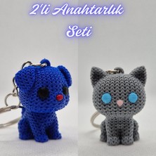 3D Atölye Maker Mavi Örgü Desenli Köpek ve Gümüş Örgü Desenli Kedi Anahtarlık
