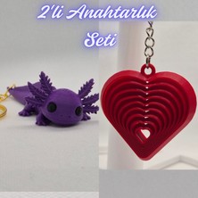 3D Atölye Maker  Mor Esnek Büyük Axolot ve Kırmızı Hareketli Kalp Anahtarlık