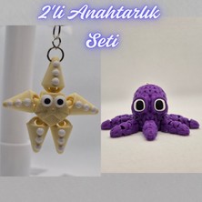 3D Atölye Maker  Açık Sarı Hareketli Deniz Yıldızı ve Mor Örgü Desen Ahtapot Anahtarlık