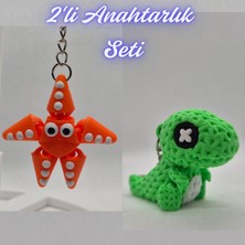 3D Atölye Maker  Turuncu Hareketli Deniz Yıldızı ve Yeşil Örgü Desen Hareketli Dino Anahtarlık