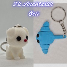 3D Atölye Maker  Beyaz Örgü Desenli Köpek ve Açık Mavi Esnek Vatoz Anahtarlık