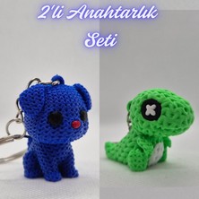 3D Atölye Maker Mavi Örgü Desenli Köpek ve Yeşil Örgü Desen Hareketli Dino Anahtarlık