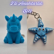 3D Atölye Maker  Mavi Unicorn ve Açık Mavi Hareketli Deniz Yıldızı Anahtarlık