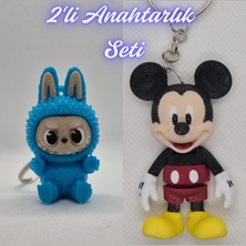 3D Atölye Maker  Açık Mavi Labubu ve Esnek Mickey Mouse Anahtarlık